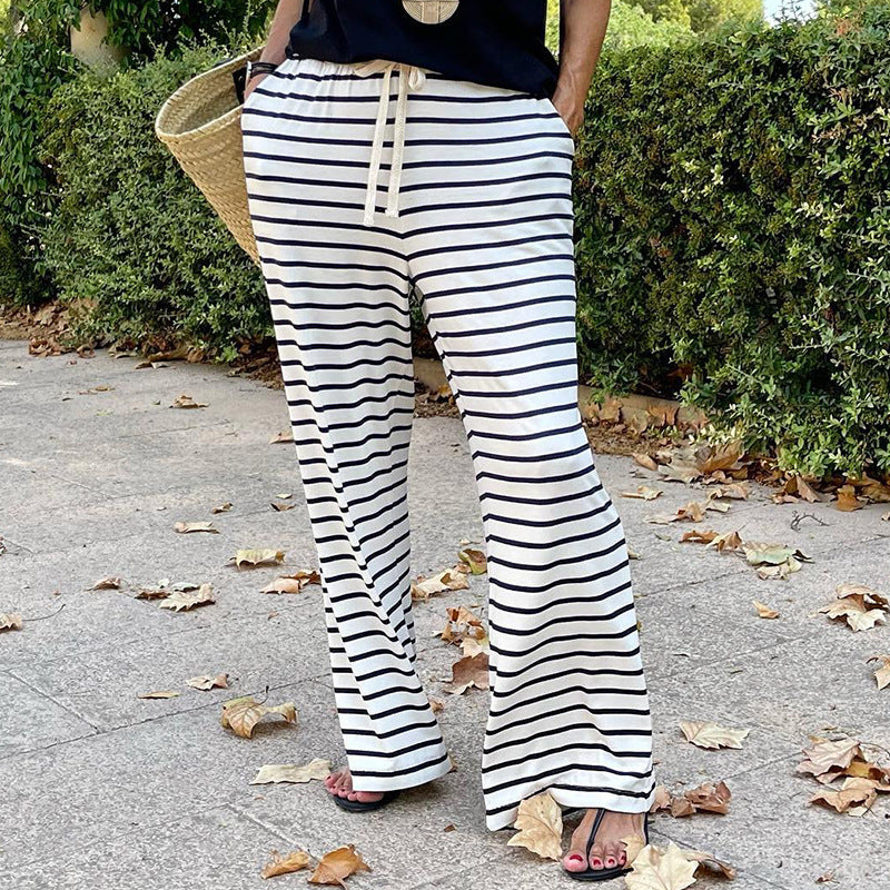 High Waist Striped Printed Casual All-matching Wide Leg Straight-leg Pants Women