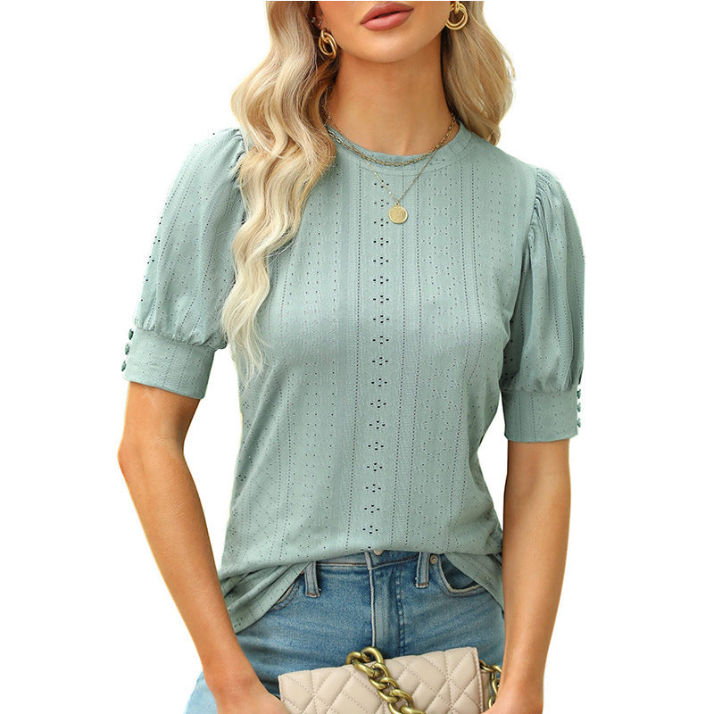 Summer Round Neck Hole Hollow-out Button Short-sleeved Casual Top