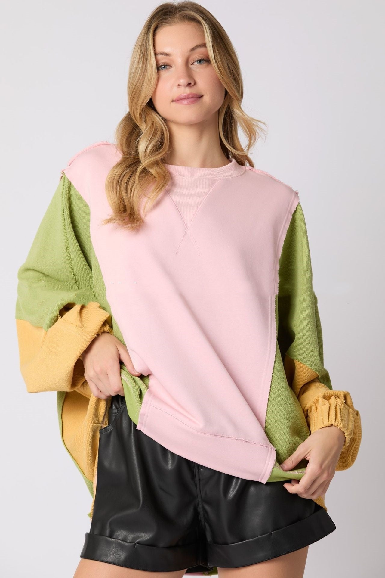 Women's Contrast Color Long Sleeve Round Neck Top Casual Loose Sweatshirt