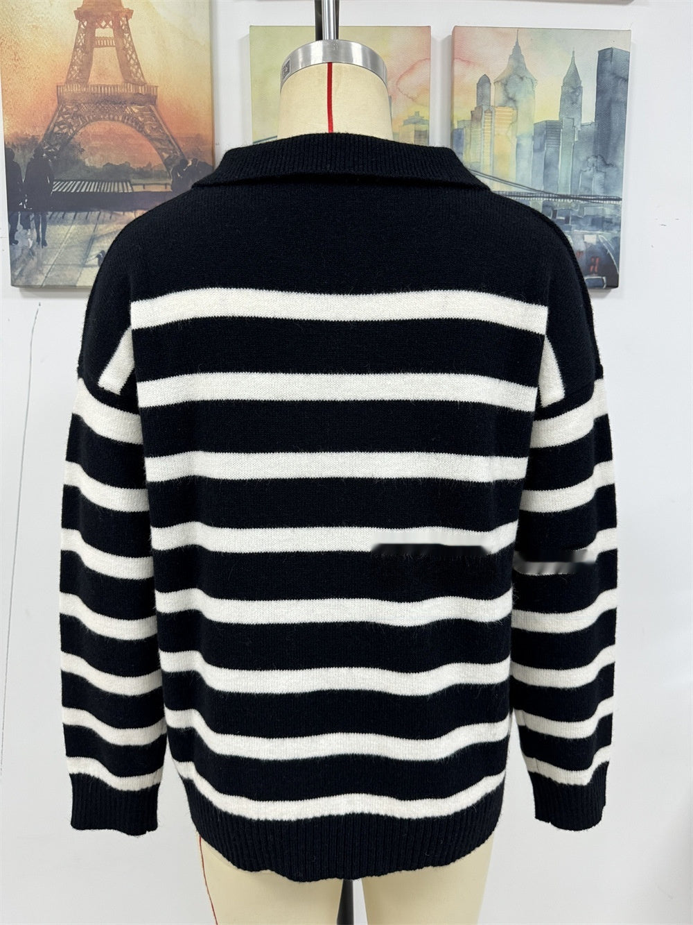 Patchwork Stripes Lapel Loose Plus Size Knitwear Sweater