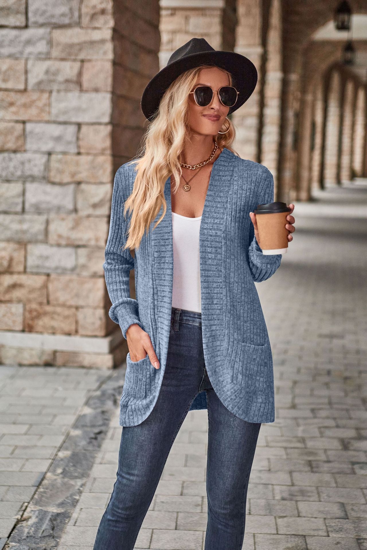 Autumn Solid Color Sunken Stripe Brushed Stitching Long Sleeve Cardigan Jacket