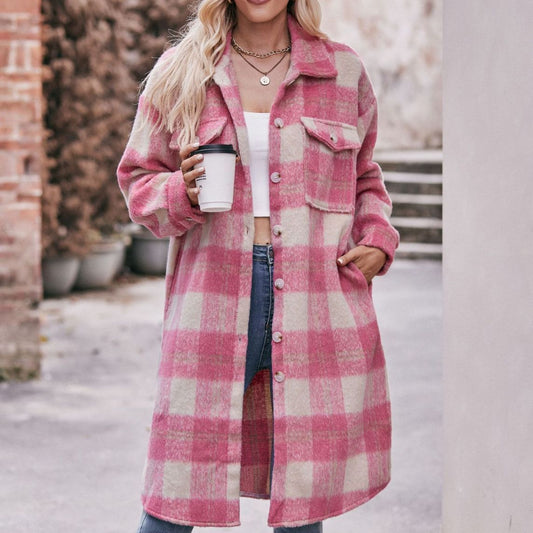 Printed Checks Mid-length Coat Mohair Plaid Wool Coat