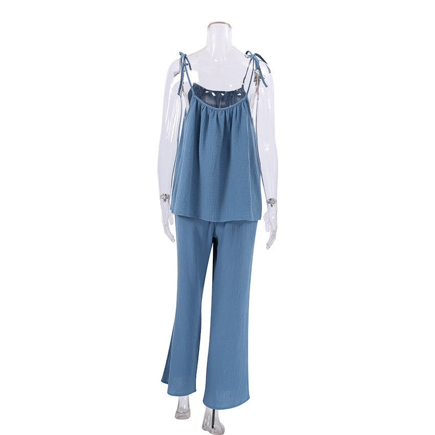 Suspender Pajamas Two-piece Set Double-layer Gauze Trousers Loose Outer Wear Ladies' Homewear