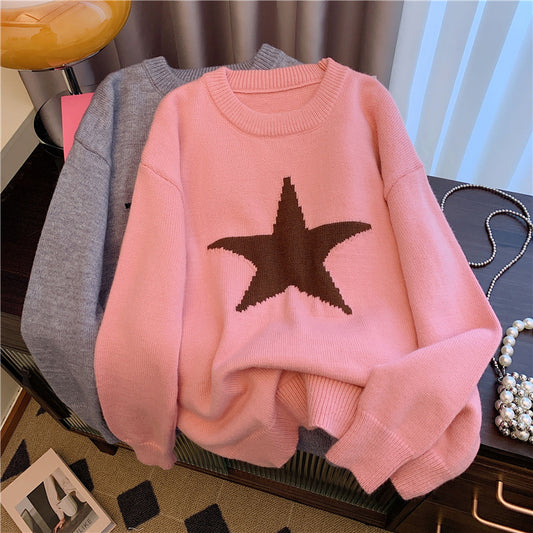 Idle Style Five-pointed Star Crew Neck Pullover Sweater