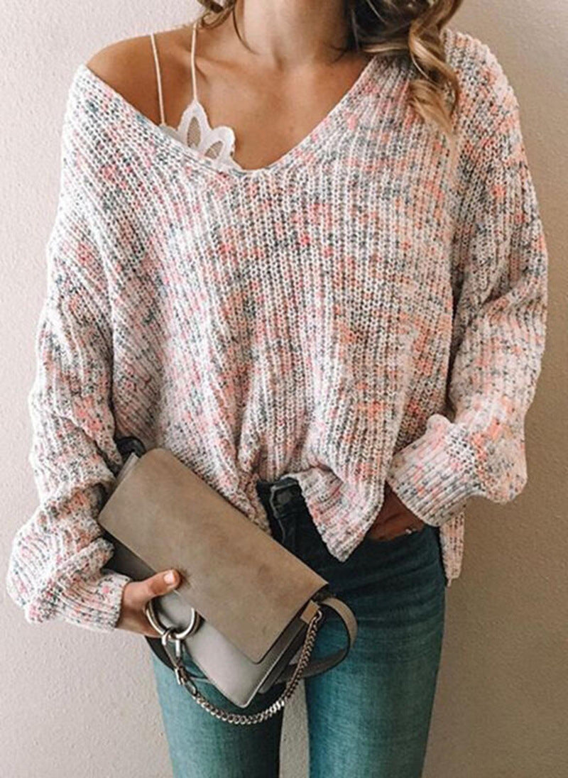Fashion Knit Sweater Top Solid Color Casual V-Neck Sweater Women