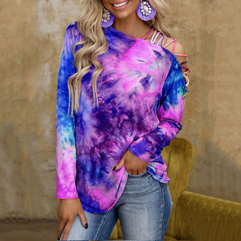 Tie-Dye Printed Long-Sleeved Off-Shoulder Sexy Casual Loose T-Shirt