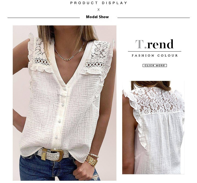 European And American Summer Lace Versatile Sleeveless Ruffled V-neck Single Breasted Shirt