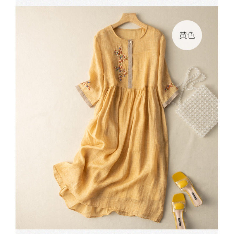 Artistic Ethnic Style Linen Cotton Embroidery Loose Half Sleeve Dress