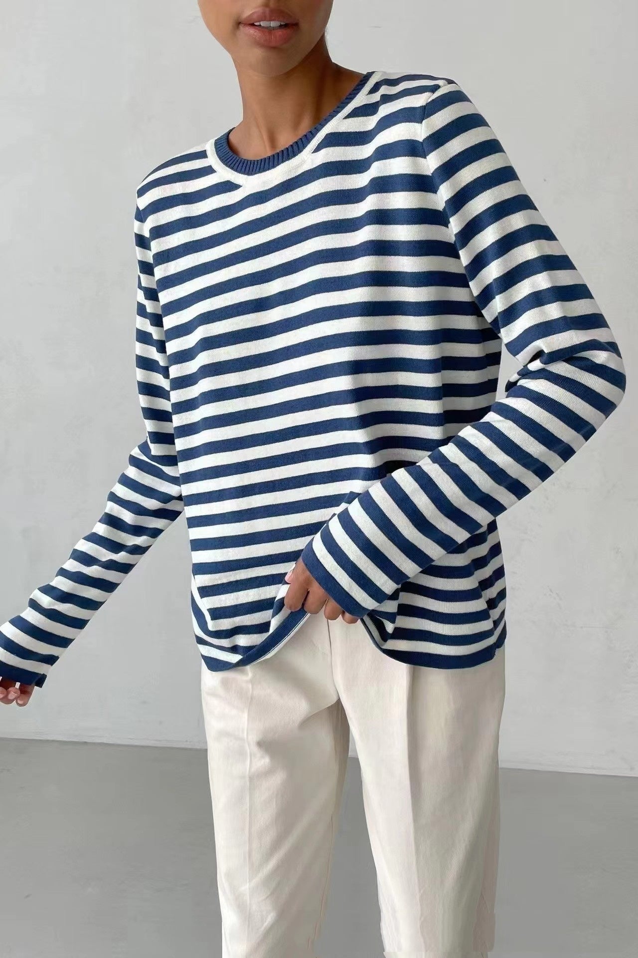 New Knitted Striped Sweater Versatile Retro Pullover