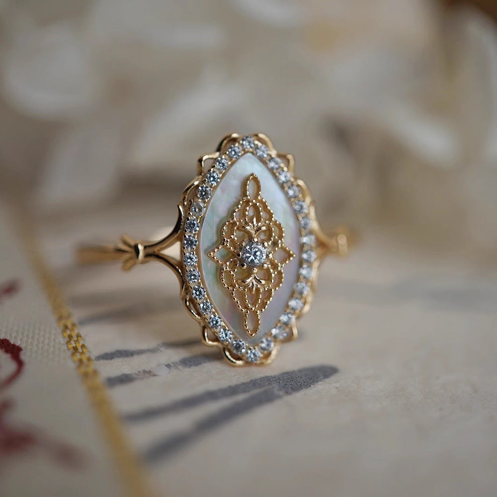 White Shell Hollow Lace Inlaid Zircon S925 Sterling Silver Gold Plated Ring