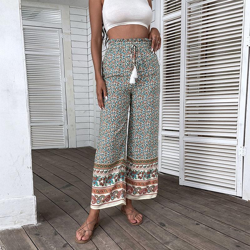 New Retro Women's Green Printing Loose Wide-leg Pants