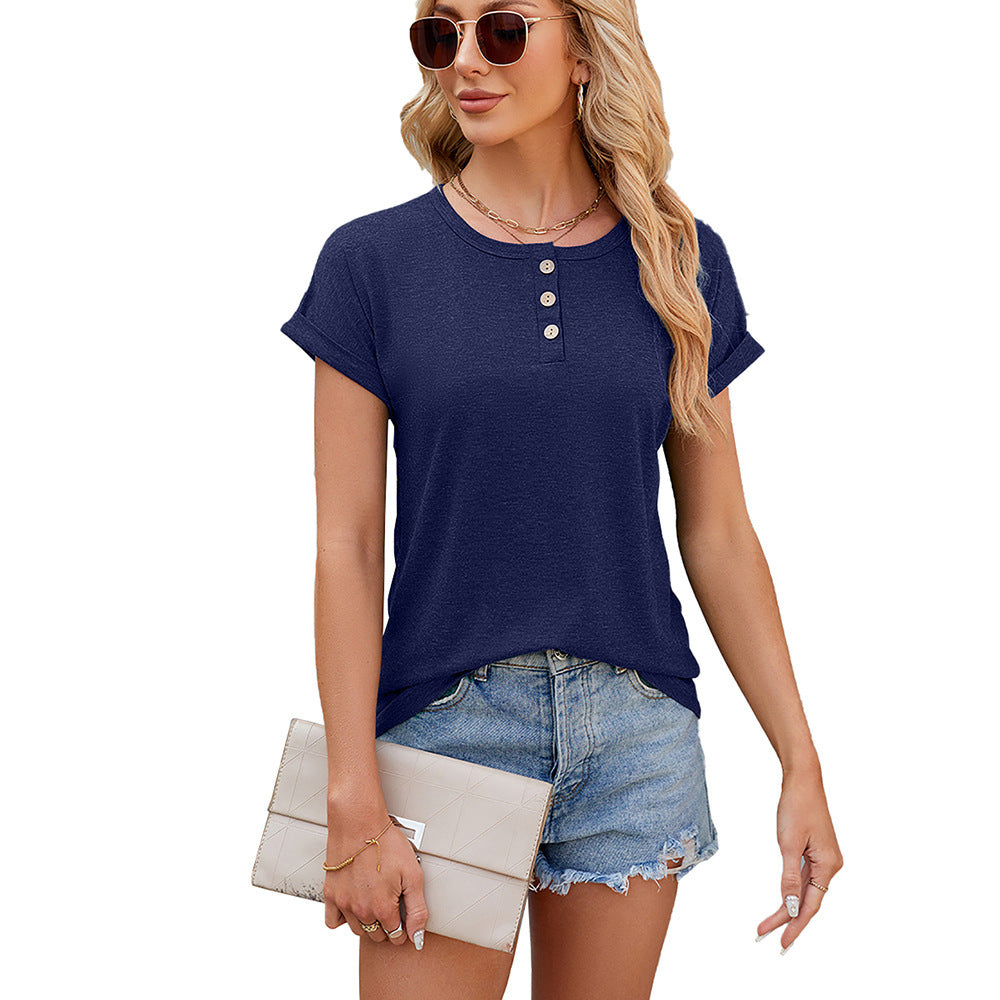 Women's Summer Solid Color Round Neck Button Loose T-shirt