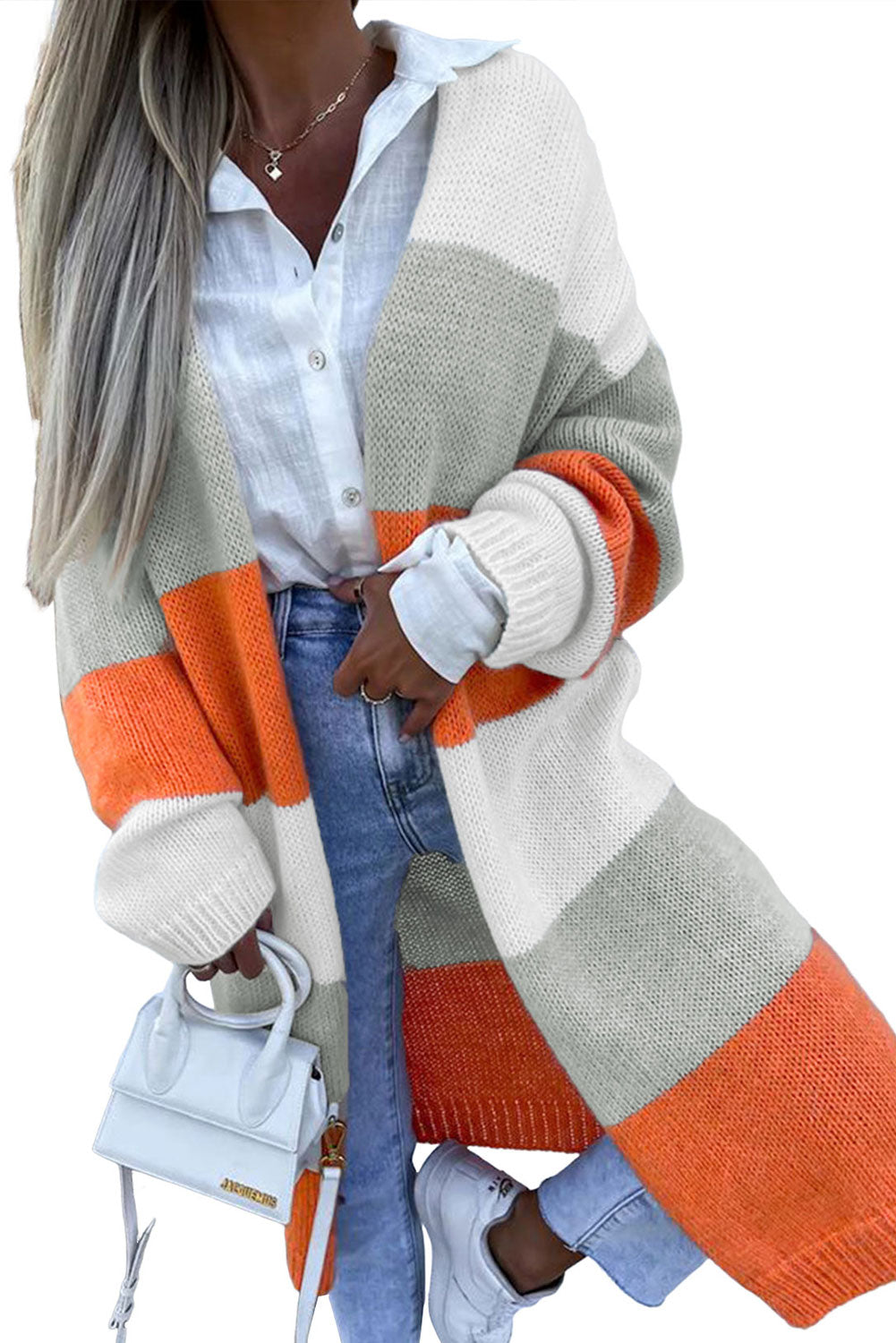 Orange Striped Color Block Drop Shoulder Midi Cardigan