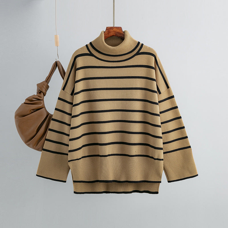 Loose Casual Contrast Color Striped Turtleneck Sweater