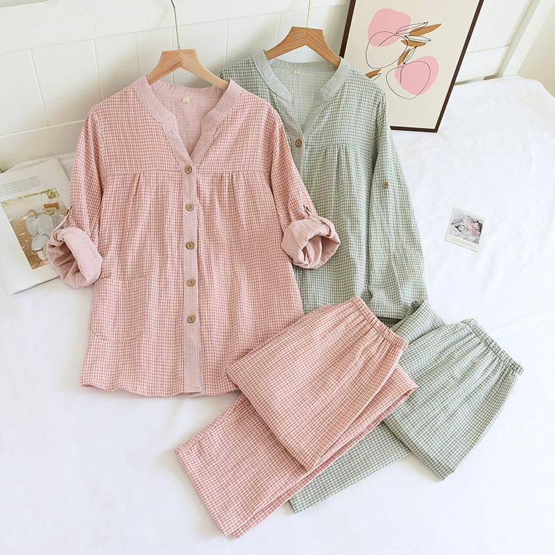 Cotton Double-layer Gauze Thin Pajamas Pants Ladies' Homewear Long-sleeved Trousers Yarn-dyed Washed Cotton Yarn