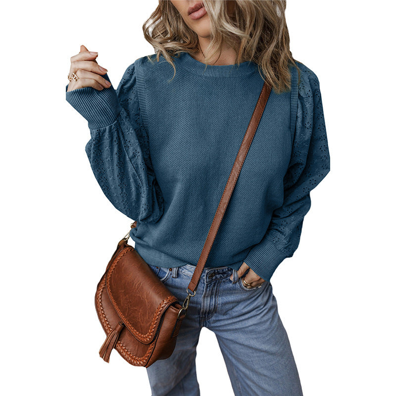 Textured Patchwork Round Neck Long Sleeve Top