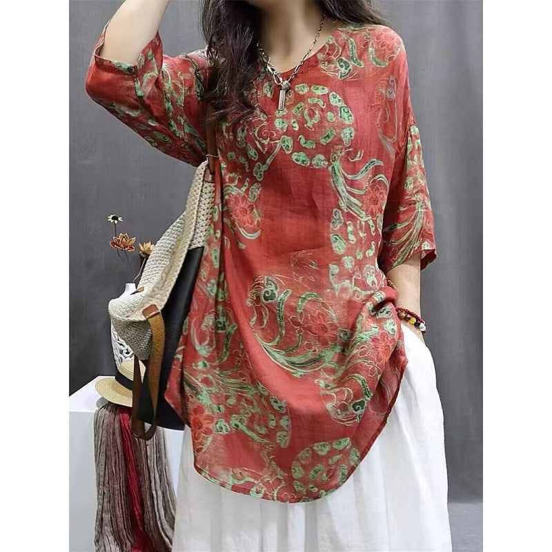 Vintage Floral Print Mid-length Sleeves V-neck Ramie Loose Western Style Artistic Casual Shirt