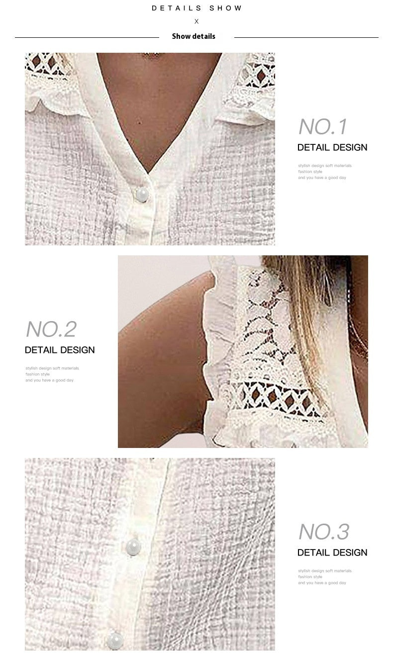 European And American Summer Lace Versatile Sleeveless Ruffled V-neck Single Breasted Shirt