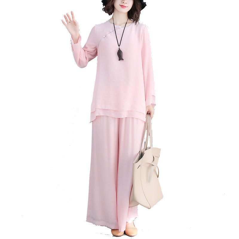 Women's Fashion Loose-fitting Long Sleeves Cotton And Linen Zen Clothes Two-piece Set