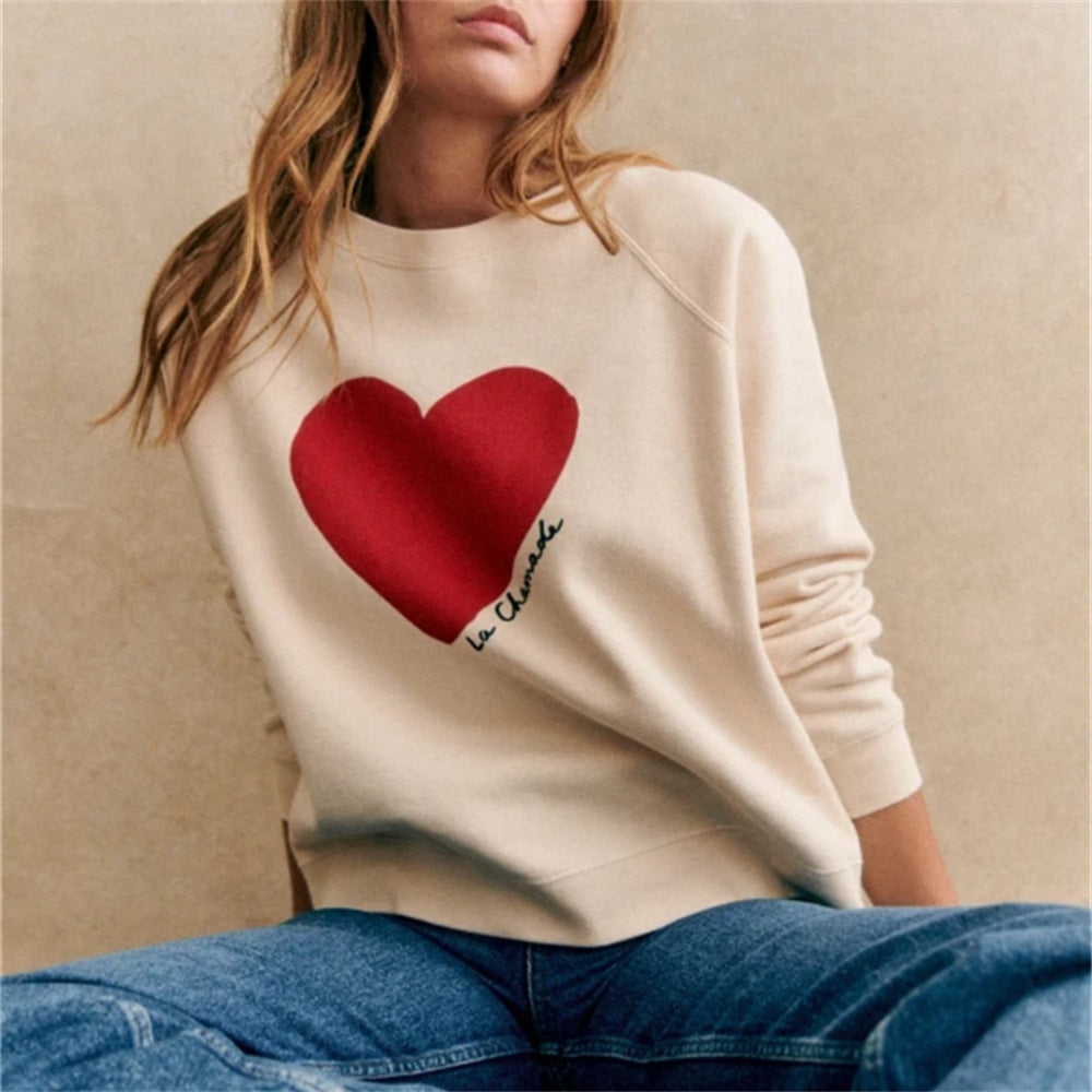 Casual Heart Printing Round Neck Loose Set Head Sweatshirt