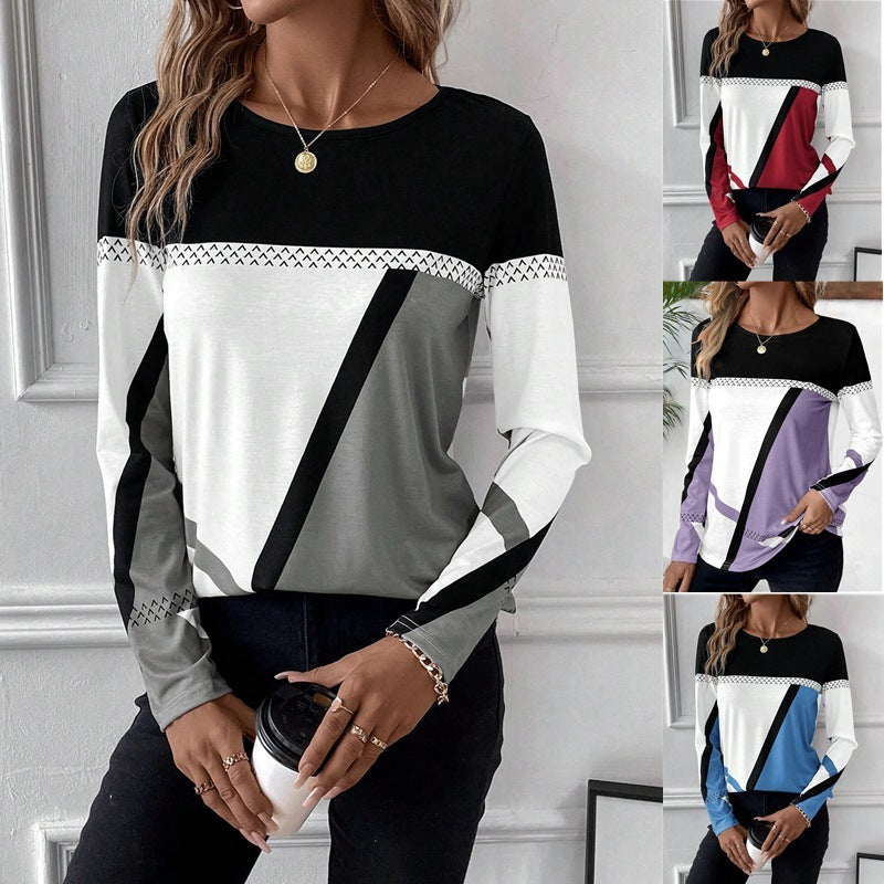 Pullover Round Neck Contrast Color Stitching Geometric Print Top