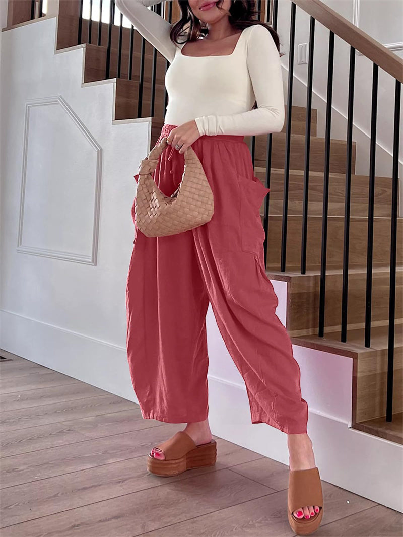Fashion Wide Leg Pants Summer Loose Elastic High Waist Pleated Trousers Solid Color Womens Clothing