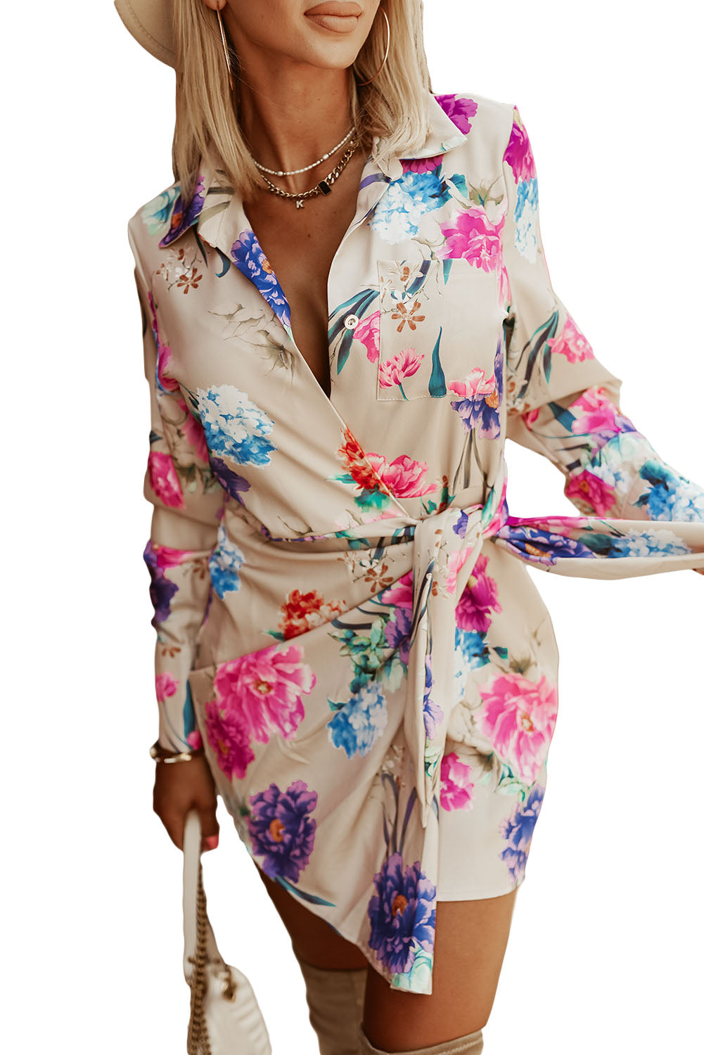 Multicolor Floral Print Wrap Tie Mini Shirt Dress