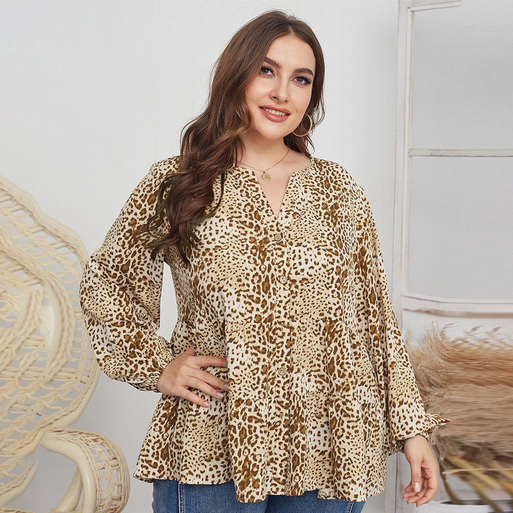 Original Design Plus Size V-neck Print Top Long Sleeve Shirt