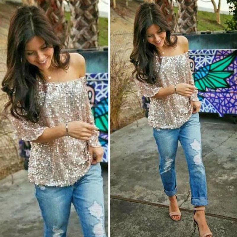 New Fashion Women Sexy Loose Off Shoulder Sequin Glitter Blouses Summer Casual Shirts Vintage Streetwear Party Tops