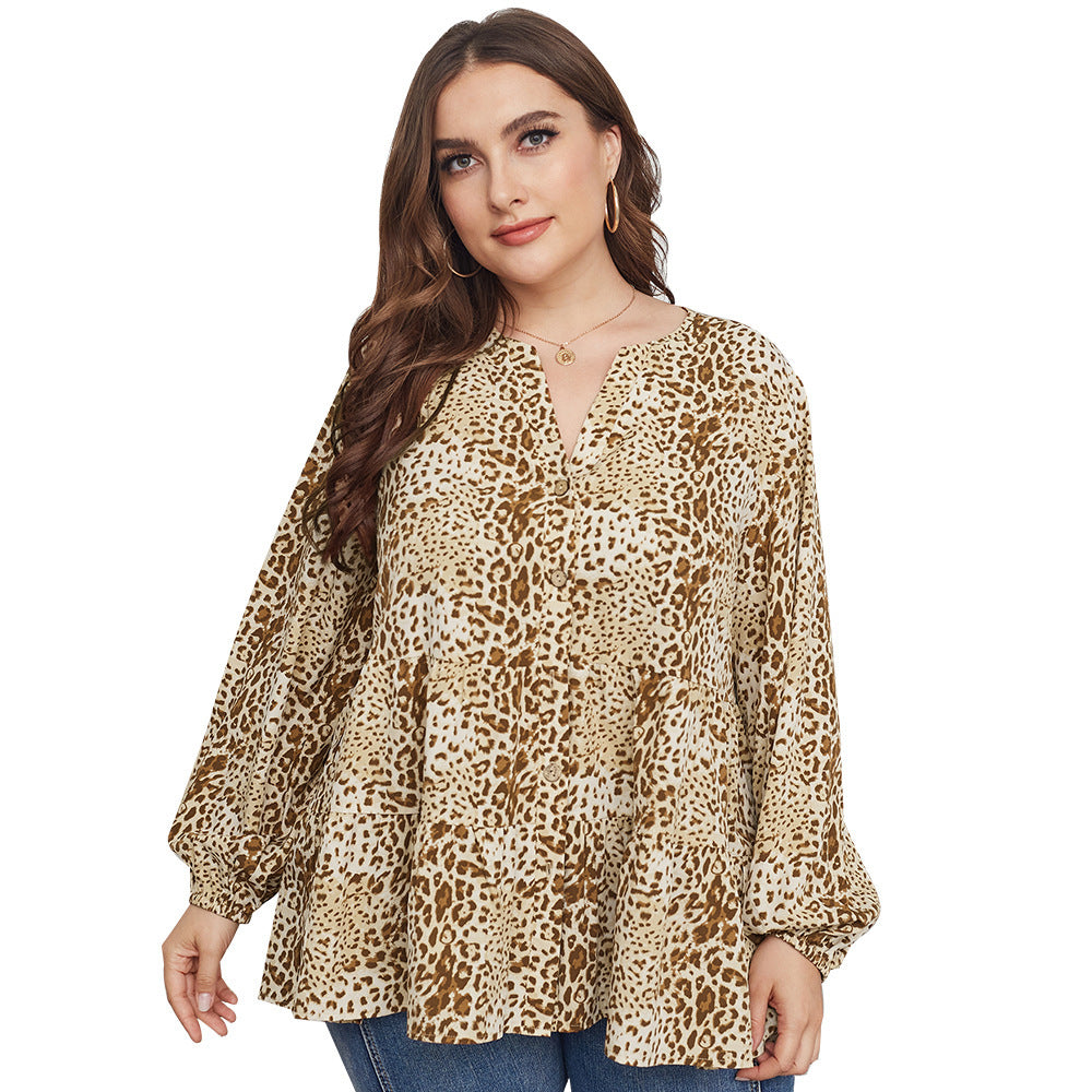 Original Design Plus Size V-neck Print Top Long Sleeve Shirt