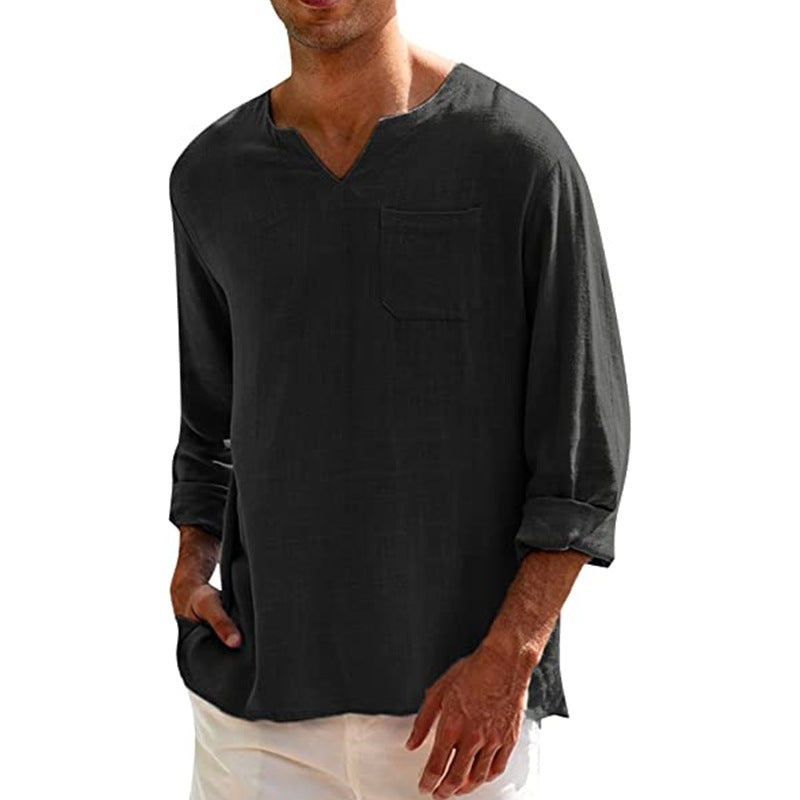 Men's Long Sleeve V Neck Casual Beach Linen Shirt