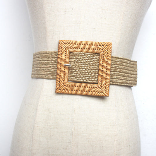 Ladies Fashion Wax Rope Braided Square Buckle Posey Wide Belt