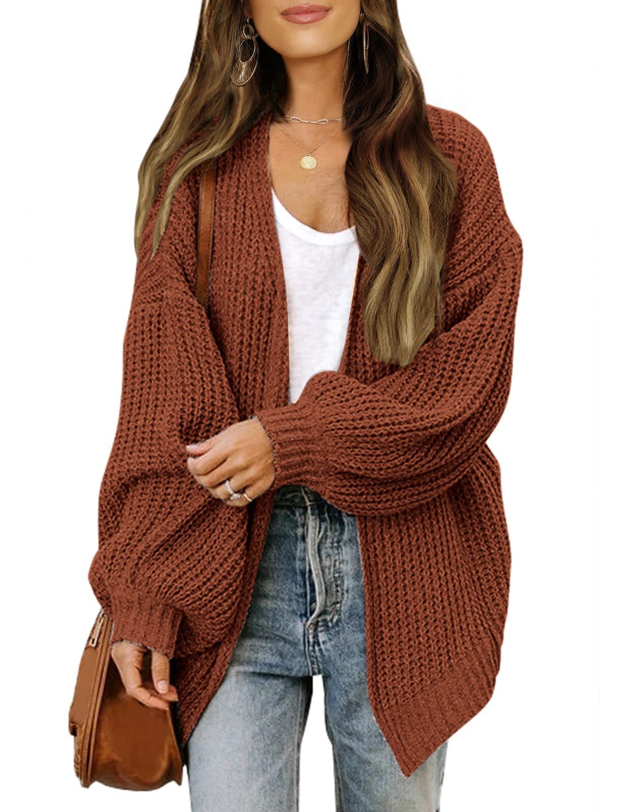 Women's Lantern Sleeve Sweater Coat Thick Wool Pocket Knitted Cardigan