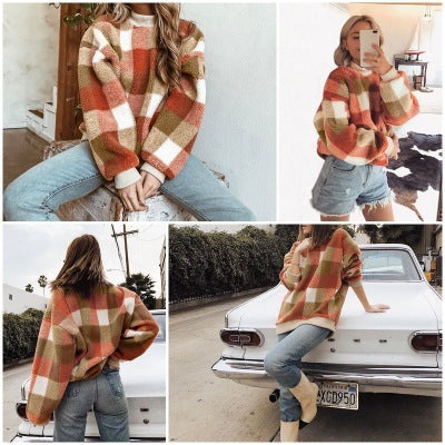 Fashion round neck plaid sweater