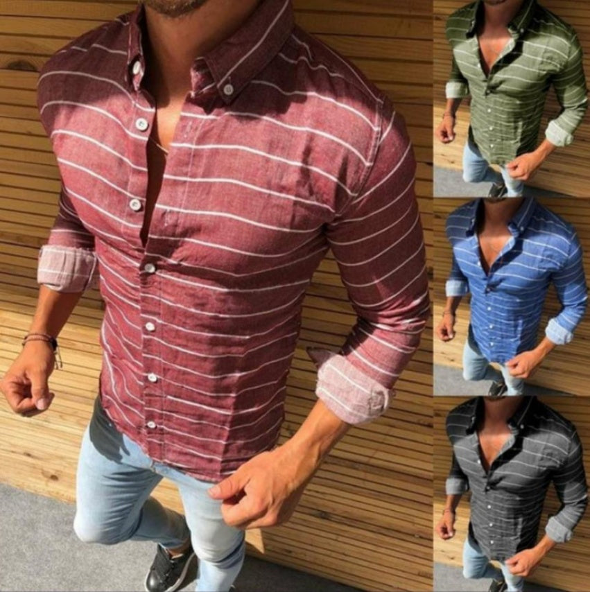 Striped Long Sleeve Button Lapel Men's Shirt