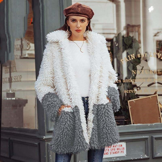 Color contrast stitching casual fashion Plush coat for women