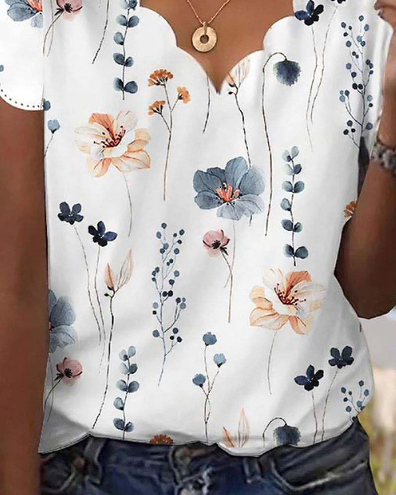 Women's Summer Sexy Shell Collar Floral T-shirt