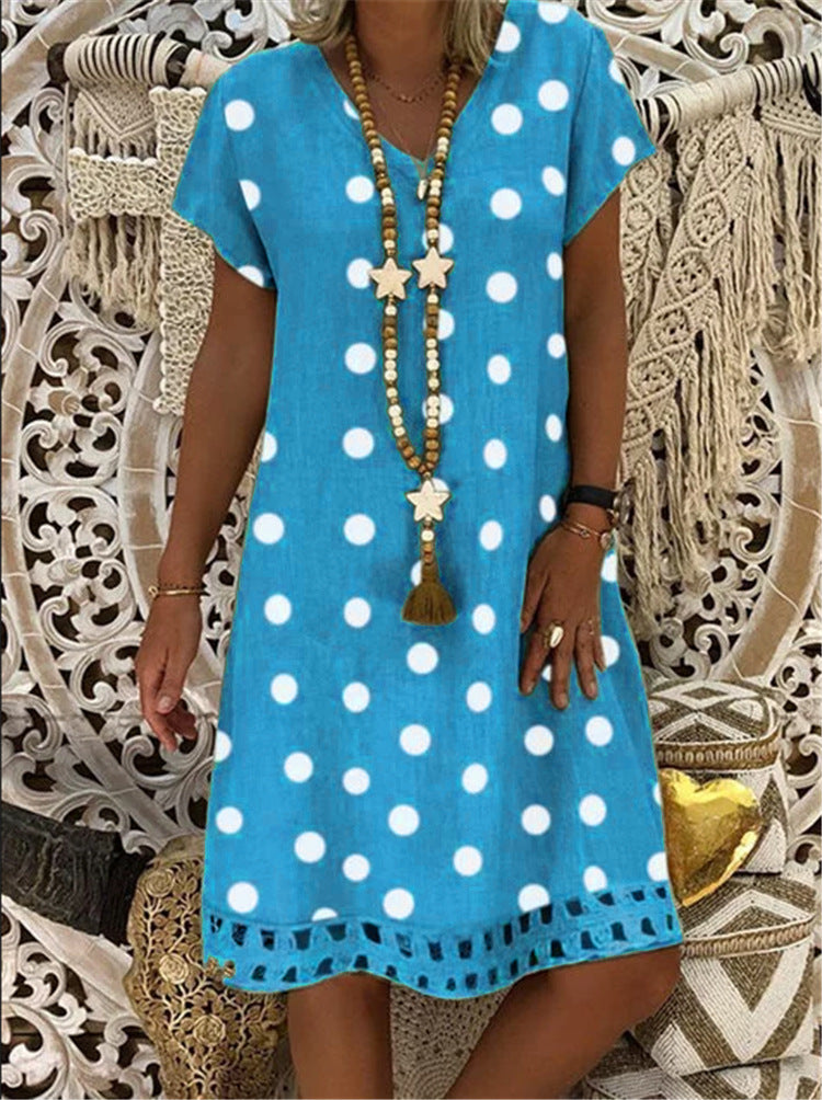 Women's Fashion Polka Dot Short Sleeve V-neck Printed Midi Dress