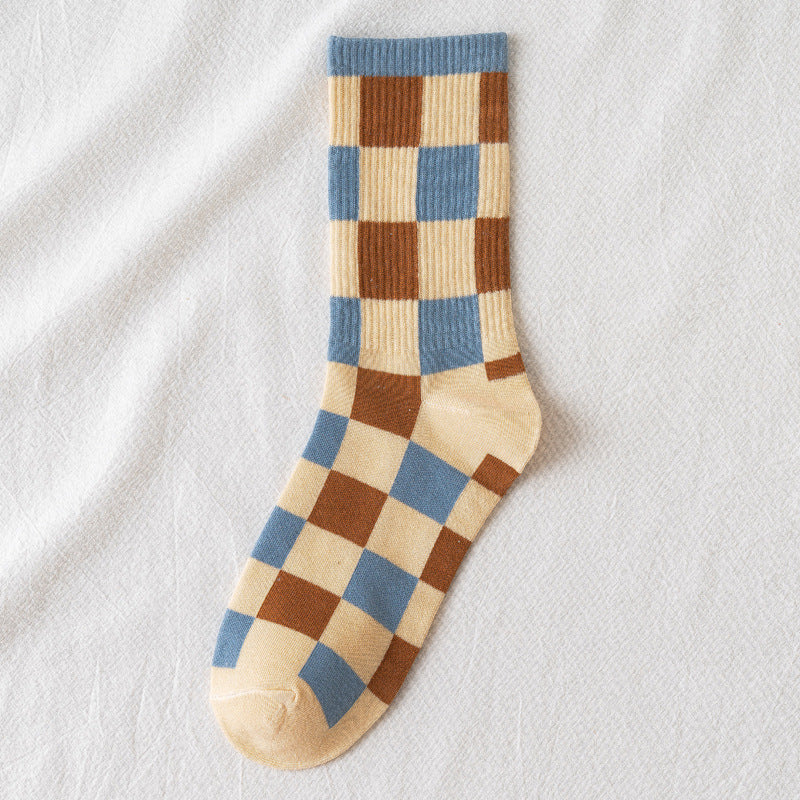 Blue British Check Stripe Women's Cotton Socks