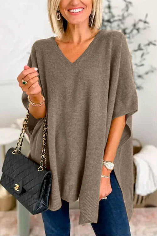 Batwing Sleeve Knitted Outer Solid Color And V-neck Pullover Loose Sweater