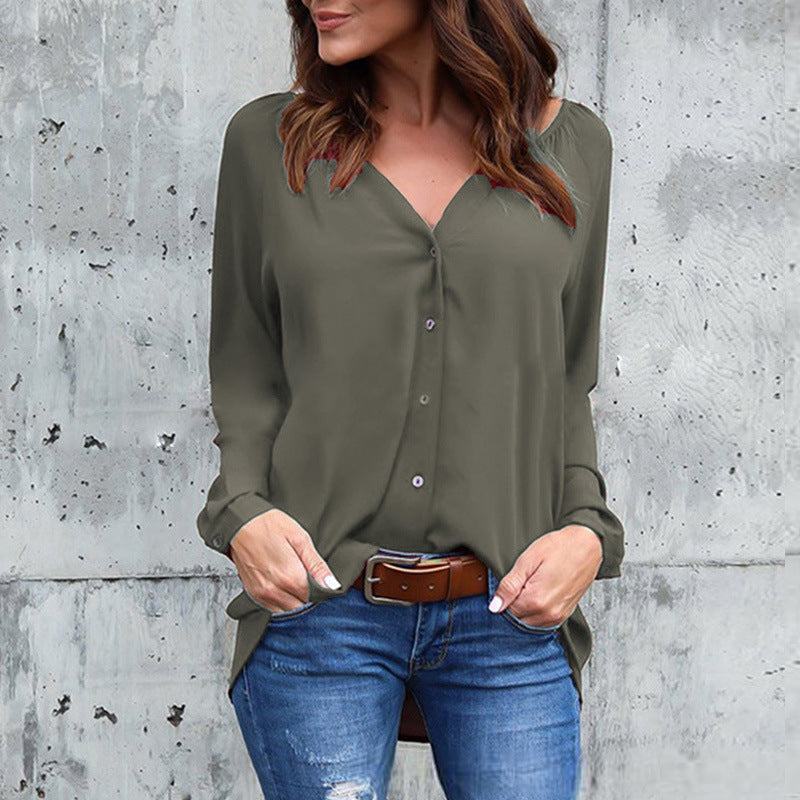 V-neck pleated button chiffon shirt