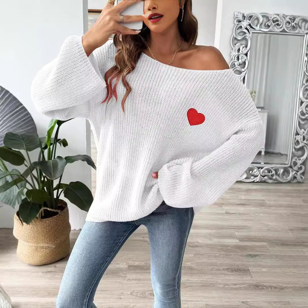 Women's Pullover Off-neck Flared Sleeve Love Embroidered Sweater