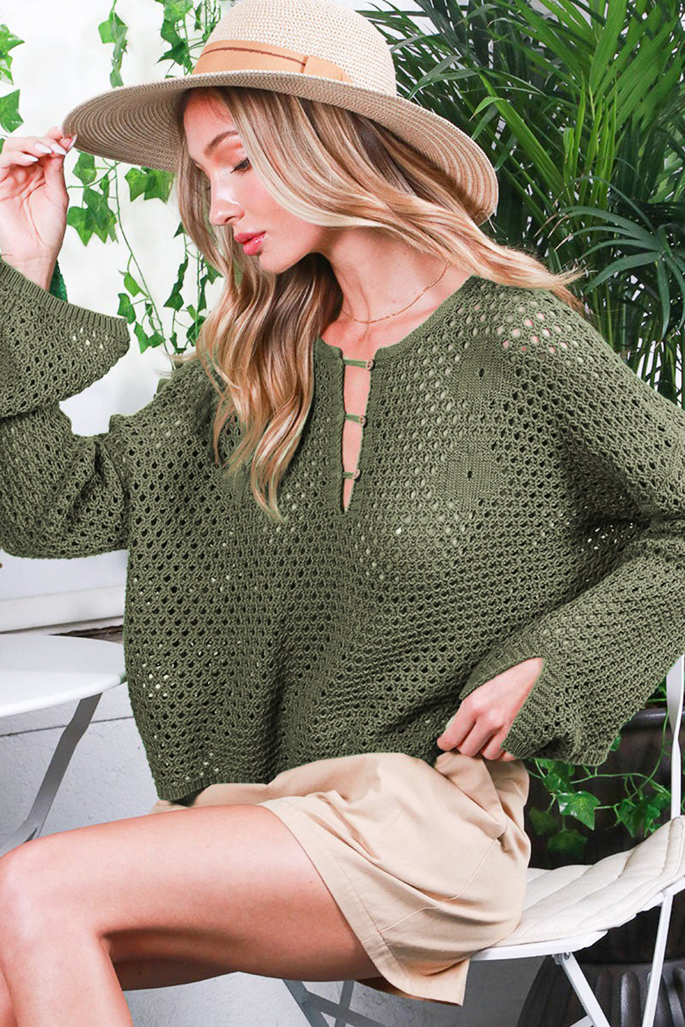 Vineyard Green Open Knit Buttoned Neck Split Sleeve Sweater