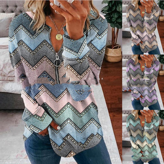 Striped Printed Long-sleeve Zipper Foreign Trade Women's Top