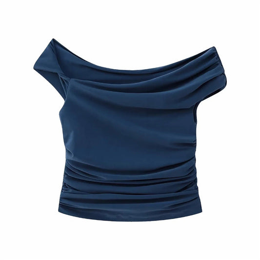 Solid Color Slim-fit Pleated Decorative Top