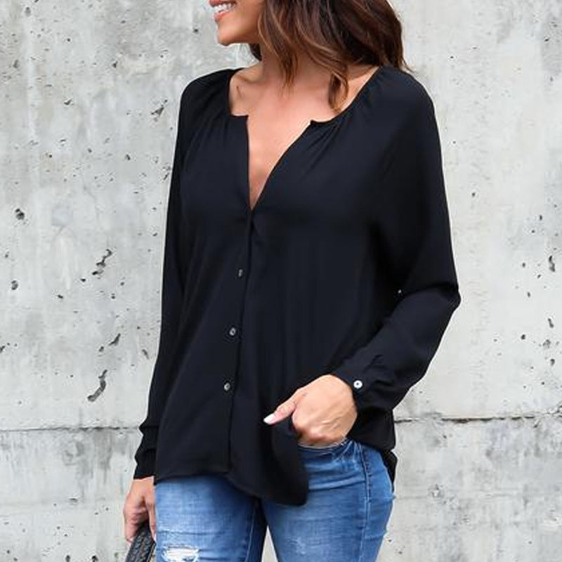 V-neck pleated button chiffon shirt