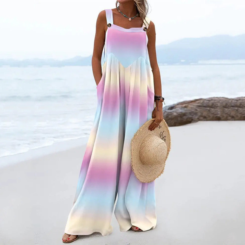 Print Sleeveless Loose Casual Sling Jumpsuit Wide Leg Pants