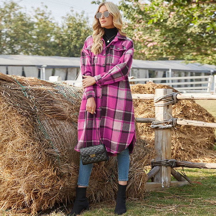 Plaid Woolen Shirt Jacket With Side Slit Lapel