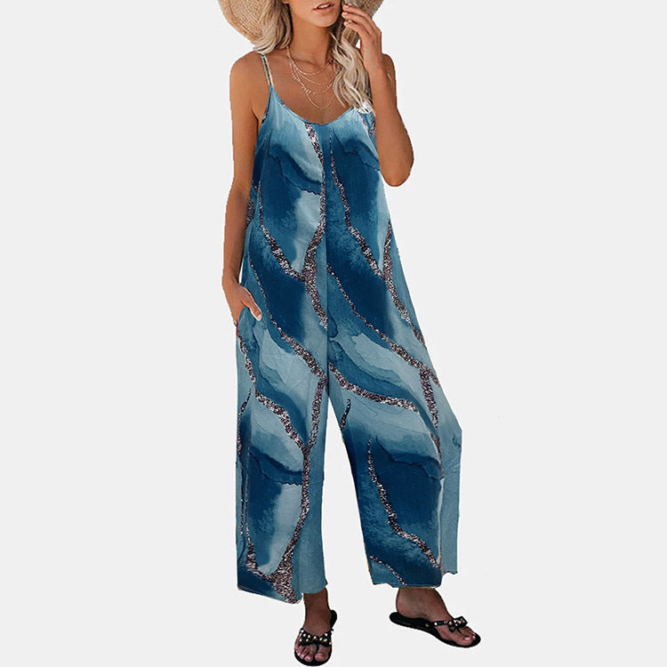 Women's Printed Suspender Pocket Casual Wide Leg Jumpsuit