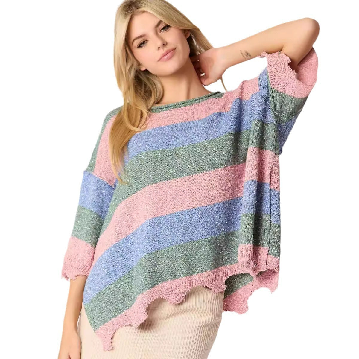 Women's Multi-color Stripe Contrast Color Short-sleeved Shirt Knitted Sweater